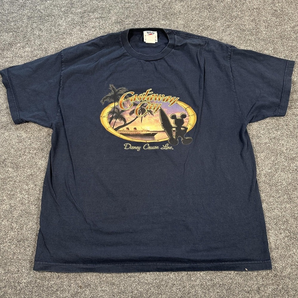 Disney Cruise Line Castaway Cay Shirt Mens 2XL Blue Mickey Graphic Tee Beach